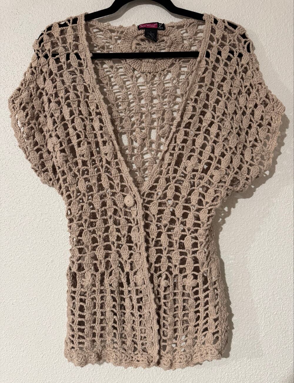 Say What? Taupe Single-Button Open Crochet Knit Cardigan Blouse Whimsigoth Y2K